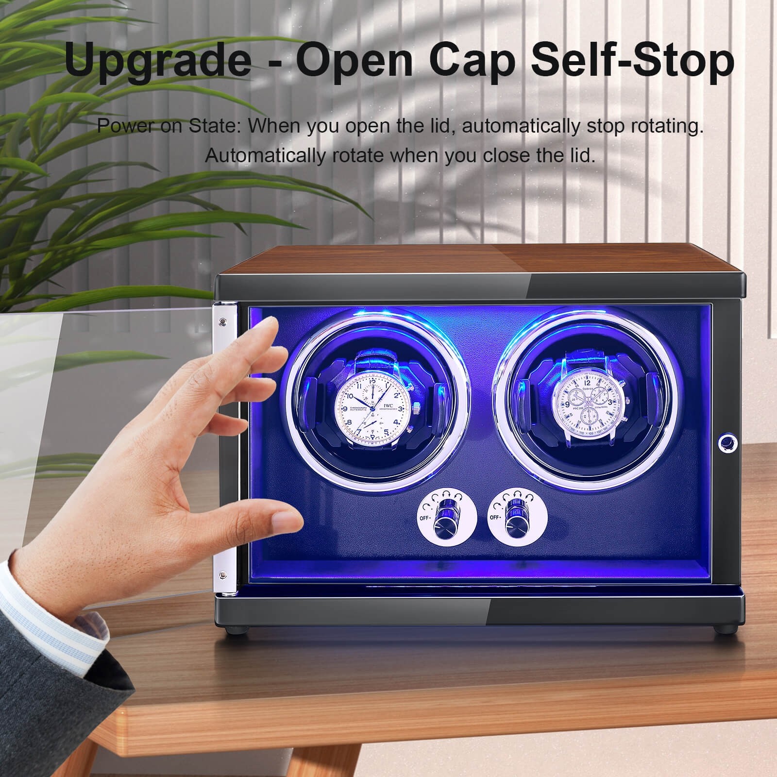 JQUEEN Double Watch Winder for Automatic Watches, Walnut Paint LED