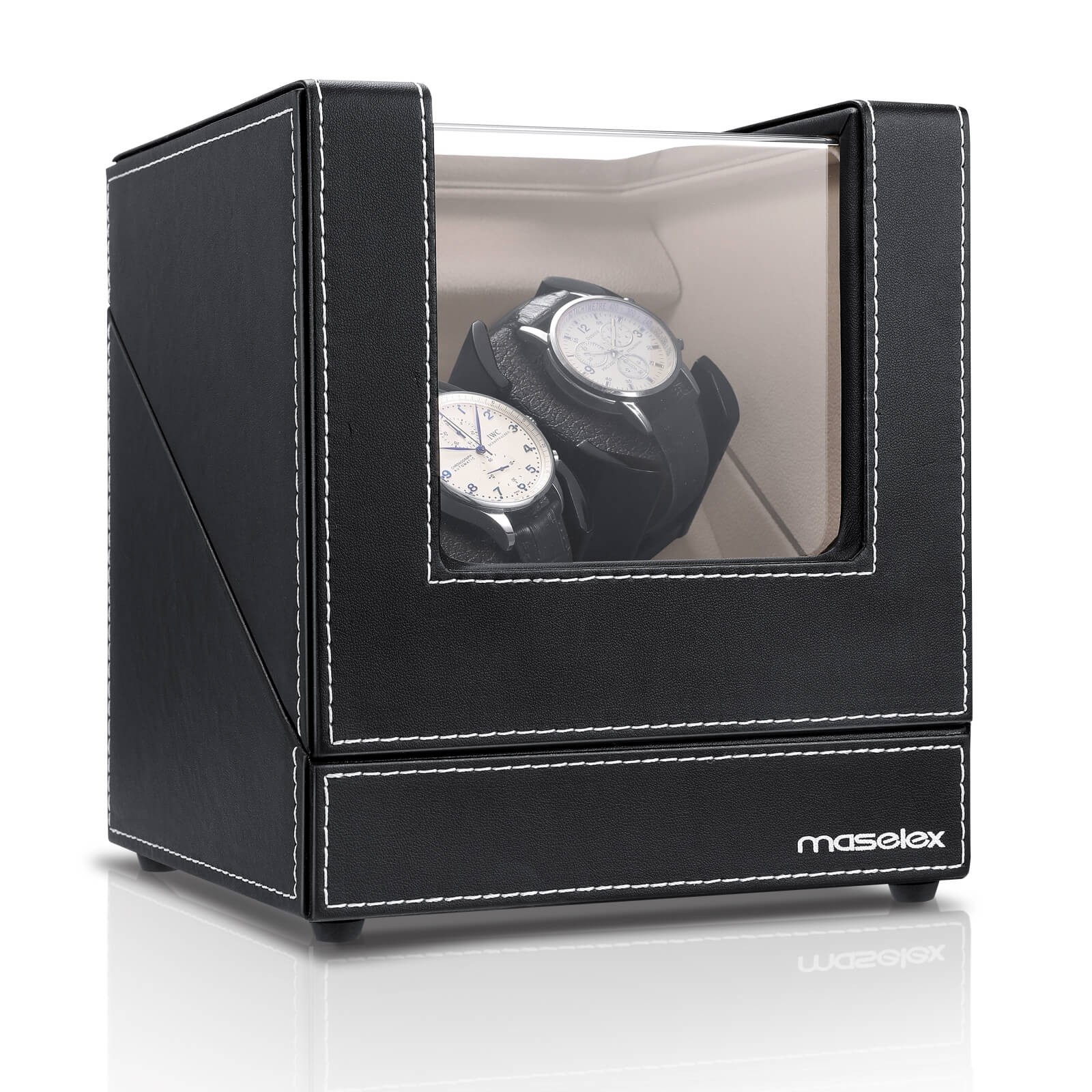 Maselex Black Leather Automatic Watch Winder with Quiet Japanese Motor