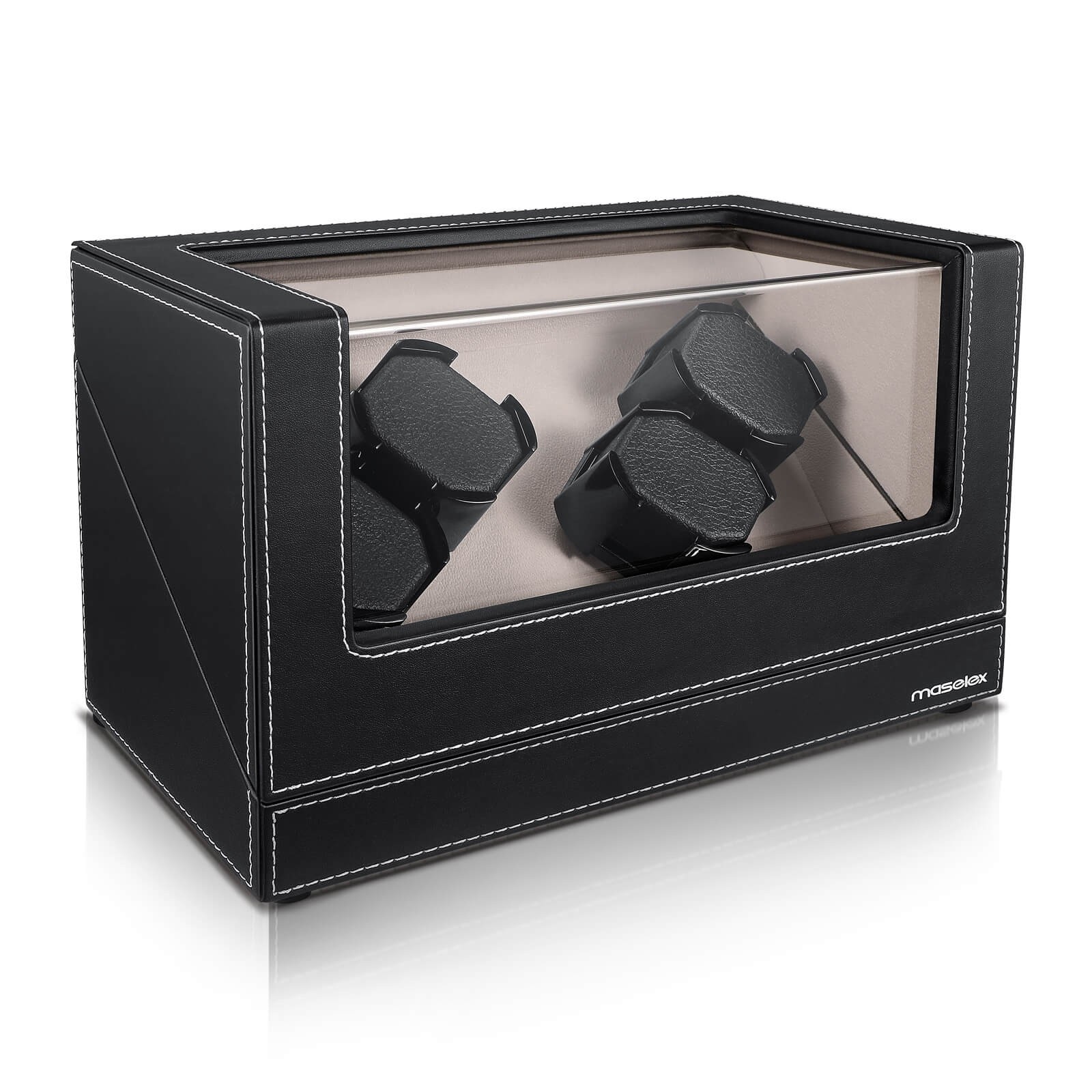 Maselex Black Leather 4 Automatic Watch Winder with Flexibility