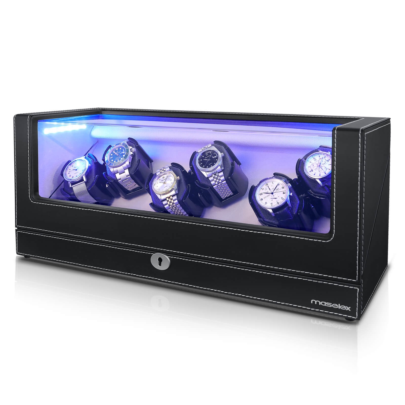 Maselex Black Leather 6 Automatic Watch Winder with Quiet Japanese
