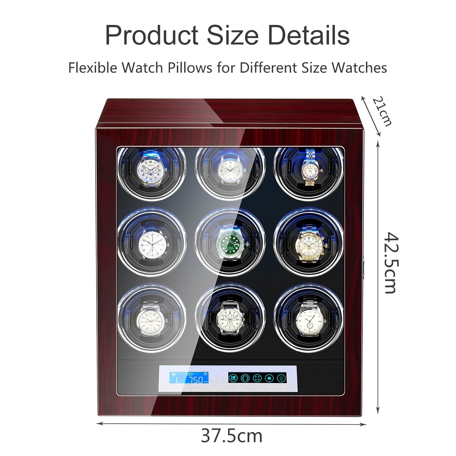 4 Watch Winder with 5 Watch Storage Space, LCD Display, Touch Control and  Interior Backlight