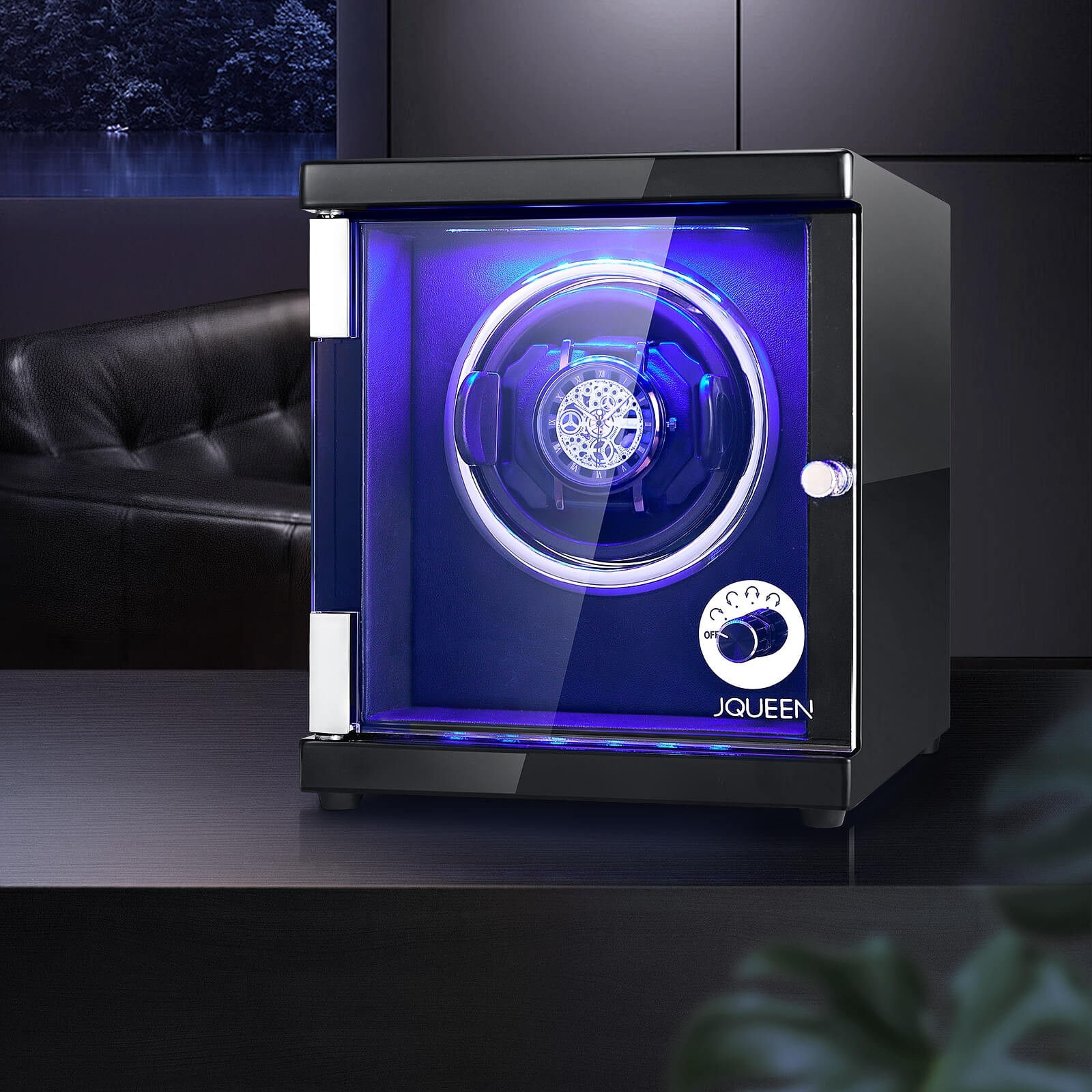 Single Watch Winder with LED Lighting, Quiet Motor, Patent Design Single Watch Winder Black Leather Cover New Fashion Design  main image 3