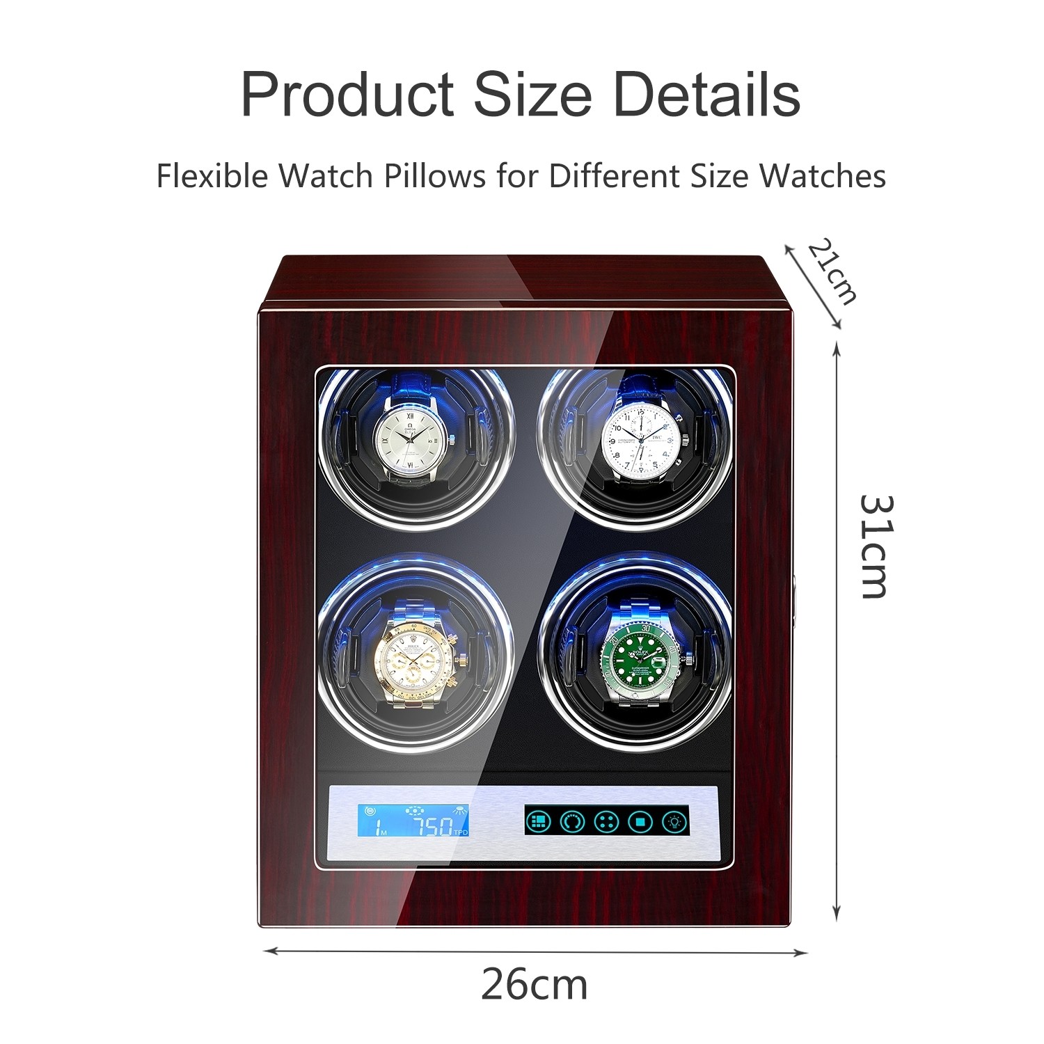 4 Watch Winder with 5 Watch Storage Space, LCD Display, Touch Control and  Interior Backlight