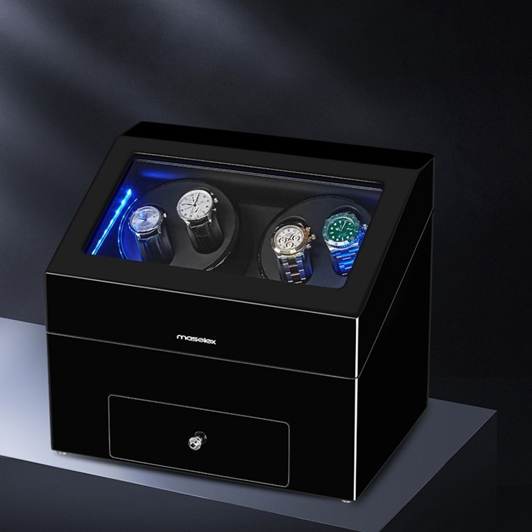 Black Auto Watch Winder Case, Built-in Blue LED Illuminated | JQUEEN